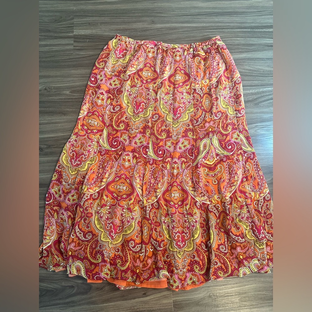 Talbots 100% Silk Paisley‎ A-Line Skirt Orange Pink Yellow Size 14W - Picture 10 of 14